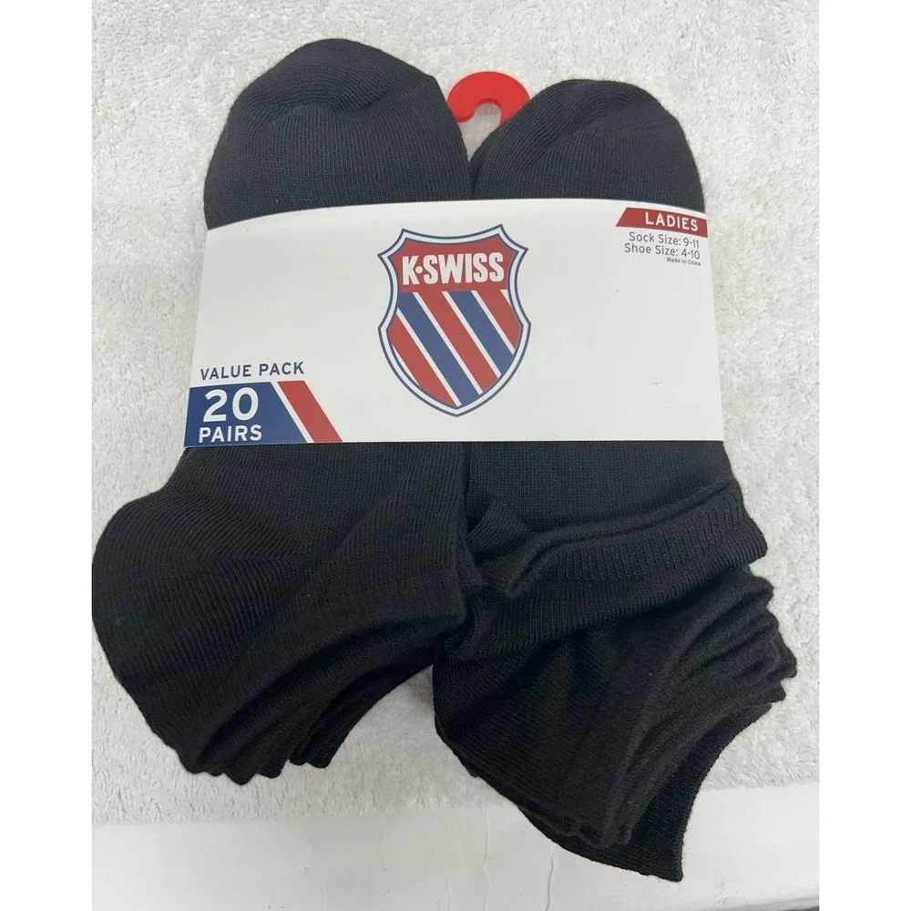 K Swiss Womens Size 9-11 Low Cut Black 20 Pair Socks